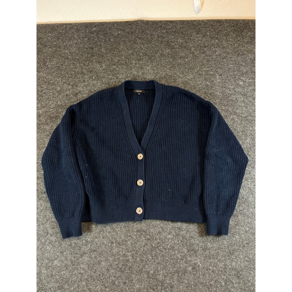 Quince Organic Cotton Fisherman Rib Cardigan Navy Blue Size M V-Neck Sweater